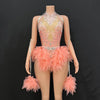Rhinestone Feather Embellished Bodysuit & Showgirl Stage Dance Costume