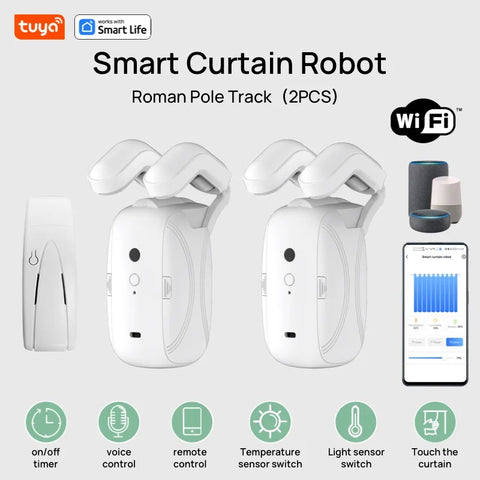 1/2PCS Tuya Smart Wifi Curtain Robot (with gateway), Roman Rod Track, APP Remote Control,Voice Control，Single/Double Opening