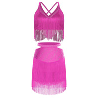 Sparkly Rhinestone & Tassel Fringe Two-Piece Latin Tango Dance Outfit Set