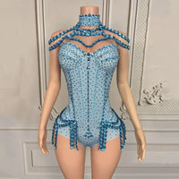 Rhinestone Embellished Performance Bodysuit with Tiered Sequins