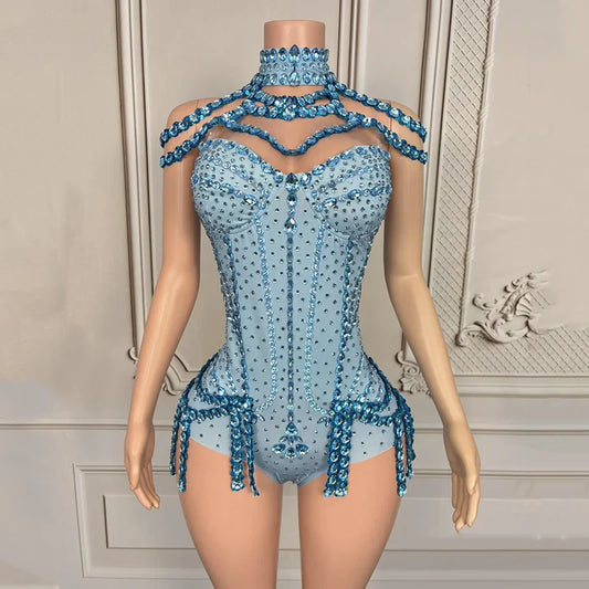 Rhinestone Embellished Performance Bodysuit with Tiered Sequins