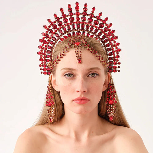 Exaggerated Rhinestone Tassel Crown Headpiece
