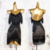 Black Fluffy Dance Leotard & Fringe Practice Skirt Latin Performance Costume Set