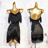 Black Fluffy Dance Leotard & Fringe Practice Skirt Latin Performance Costume Set