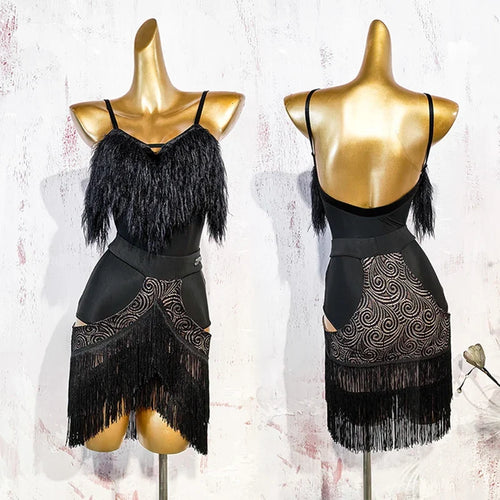 Black Fluffy Dance Leotard & Fringe Practice Skirt Latin Performance Costume Set
