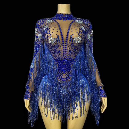 Sparkly Rhinestone Tassel High-Cut Stage Performance Bodysuit Dance Leotard