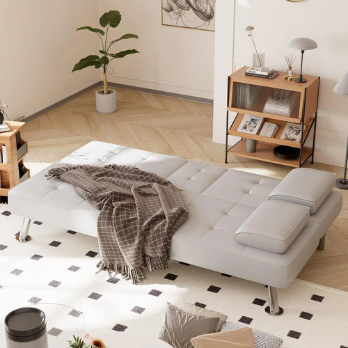 Folding Futon Sofa Bed Sleeper Couch for Living Room Faux Leather Upholstered Loveseat w/Removable Armrests, Metal Legs