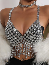 Dazzling Rhinestone Tassel Halter Corset Crop Top & Party Tank