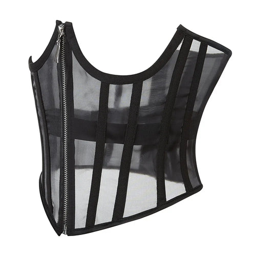 Transparent Sheer Mesh Underbust Corset Zipper Front Boned Waist Cincher Top