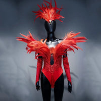 Red Feather Winged Bodysuit Drag Queen & Showgirl Carnival Stage Costume