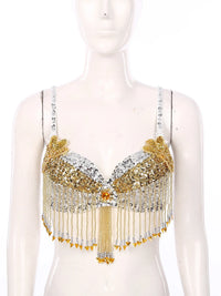 Sparkly Floral Beaded Sequin Belly Dance Bra & Tassel Performance Top