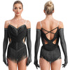 Sparkly Rhinestone & Tassel Fringe Dance Leotard with Gloves Two-Piece Stage Costume