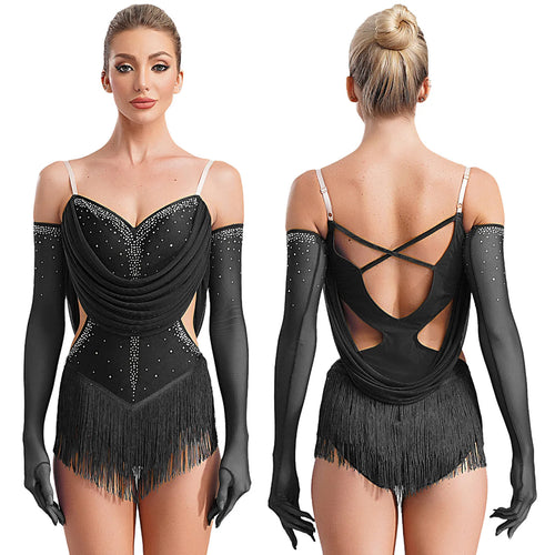 Sparkly Rhinestone & Tassel Fringe Dance Leotard with Gloves Two-Piece Stage Costume