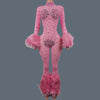 Sparkly Rhinestone & Feather Cuffed Jumpsuit Stage Performance Catsuit Costume
