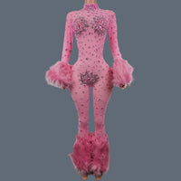 Sparkly Rhinestone & Feather Cuffed Jumpsuit Stage Performance Catsuit Costume