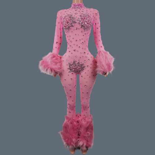 Sparkly Rhinestone & Feather Cuffed Jumpsuit Stage Performance Catsuit Costume