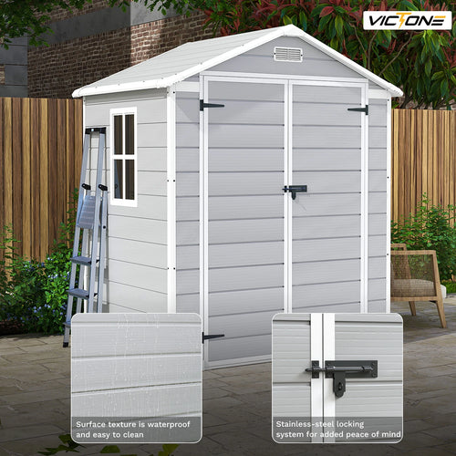 Victone 6' x 4' Plastic Outdoor Storage Shed with Floor, Resin Garden Tool shed with Windowsfor Garden, Backyard, Pool Tools