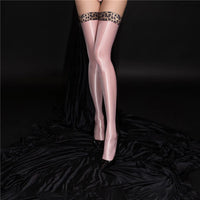 Satin Smooth Oil Shiny Thigh-High Stockings Leopard Print Trim Glossy Tights