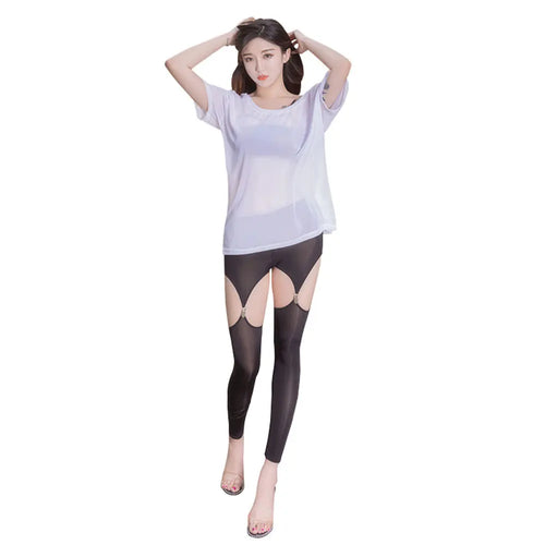 Hollow Out Buckle Shaper Oil Shiny Leggings Garter Belt Pencil Pants