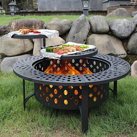 36 Inch Three in One Fire Pit with 2 Grills, Outdoor Wood Burning Fire Pit with Cover, Matchstick, and Circular Waterproof Cover