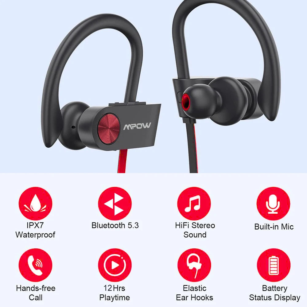 Mpow Flame IPX7 Waterproof Bluetooth Headphones V5.3 Earphone with CVC6.0 Noise Canceling Mic HiFi Stereo Wireless Sport Earbuds