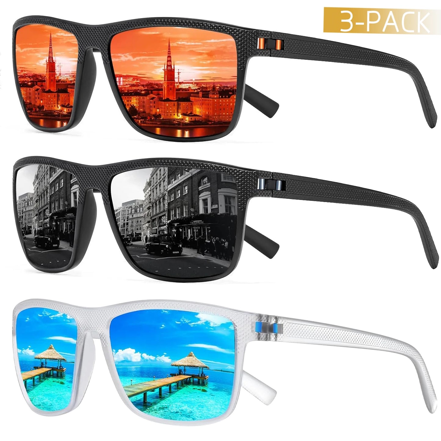 CRIXALIS 3PCS Square Polarized Sunglasses for Men Outdoor Fishing Sun Glasses Male Anti-glare Fashion Mirror Shades Female UV400