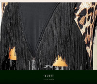 Black Open-Back Leotard & Leopard Print Fringe Skirt Latin Dance Costume Set