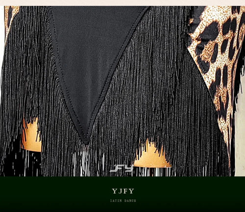 Black Open-Back Leotard & Leopard Print Fringe Skirt Latin Dance Costume Set