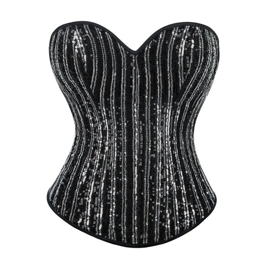 Sequined Striped Overbust Corset Top Lace-Up Plastic Boned Burlesque Bustier