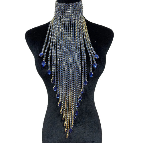 Luxury Rhinestone Long Tassel Statement Choker – Waist-Length Crystal Drop Necklace for Weddings, Galas & High-Fashion Clubwear