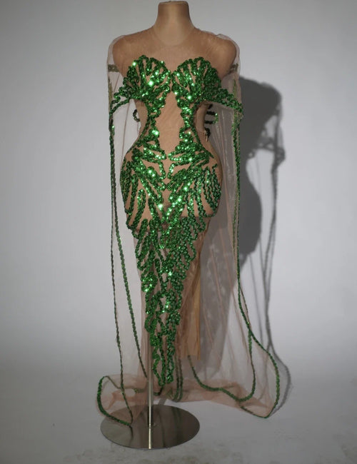 Sparkly Green Sequin Sheer Mesh Evening Gown with Cloak Stage Performance Costume