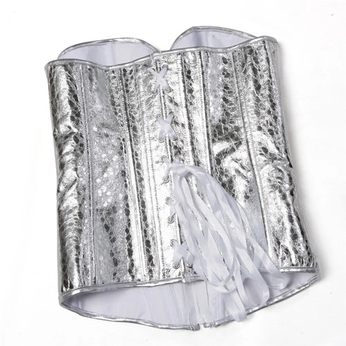 Gothic Metallic Faux Leather Overbust Corset Shiny Steel-Look Bustier