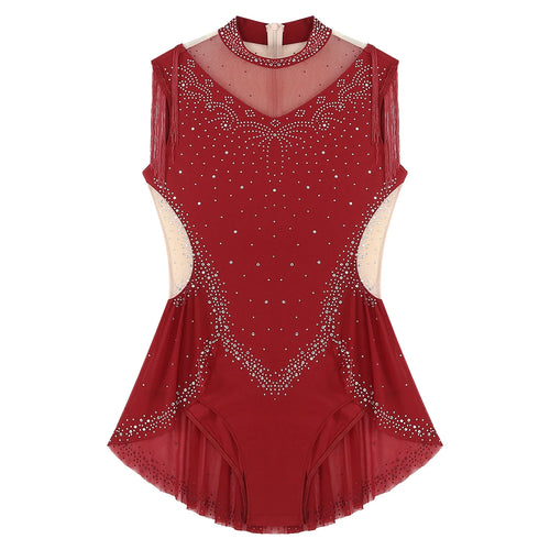 Rhinestone Mock Neck Mesh Tassel Leotard