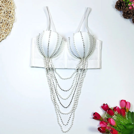 White Pearl & Diamond Chain Bustier Corset Crop Top Party Stage Bralette