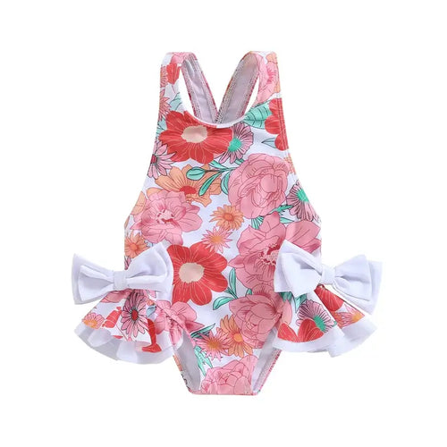 Toddler Girl s Floral Print Swimsuit with 3D Bow Detail Round Neck Sleeveless Design and Frill Trim - Cute Summer Swimwear