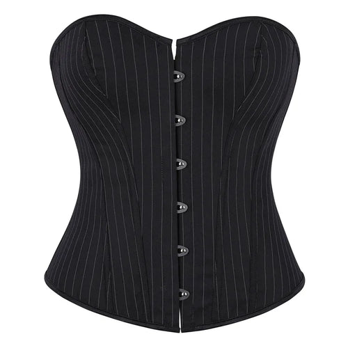 Black Striped Overbust Corset Top Zipper Front Lace-Up Bustier Body Shaper