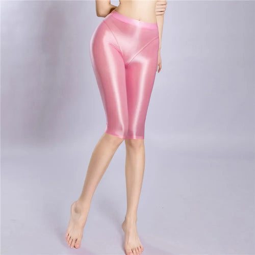 Women's Oil Glossy Sheer High-Waist Shaping Shorts Satin Smooth Leggings