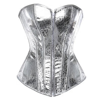 Gothic Metallic Faux Leather Overbust Corset Shiny Steel-Look Bustier