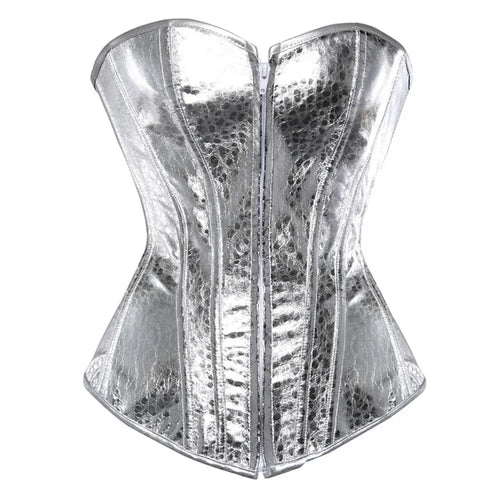 Gothic Metallic Faux Leather Overbust Corset Shiny Steel-Look Bustier