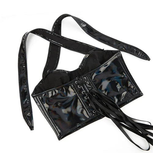 Black Shiny PU Leather Halter Corset Crop Top Push-Up Bustier Gothic Bra