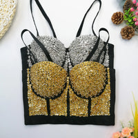 Gold Beaded Sequin Embroidery Bustier Corset Crop Top Party Bralette
