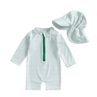 Infant Boys Girls Sun Protection Swimwear Set with Hat 2 Piece UV Rash Guard Suit Striped Zip Up Long Sleeve Crew Neck