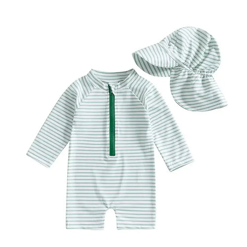 Infant Boys Girls Sun Protection Swimwear Set with Hat 2 Piece UV Rash Guard Suit Striped Zip Up Long Sleeve Crew Neck