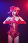 Western Cowboy Showgirl Bodysuit, Hat & Gloves 3-Piece Stage Costume Set