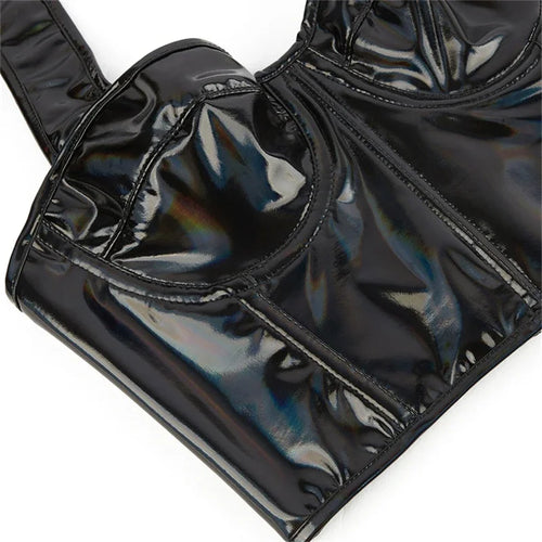 Black Shiny PU Leather Halter Corset Crop Top Push-Up Bustier Gothic Bra