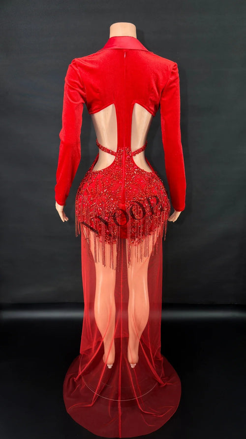 Sparkly Red Rhinestone Sheer Mesh Long Evening Gown Stage Performance Costume