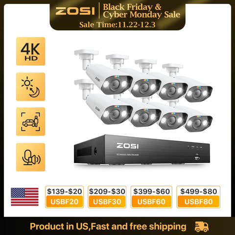 ZOSI 8CH POE Video Surveillance Kit 4K 8MP 5MP Super HD Outdoor IP Cameras AI Starlight Night Vision CCTV Camera Security Camera System