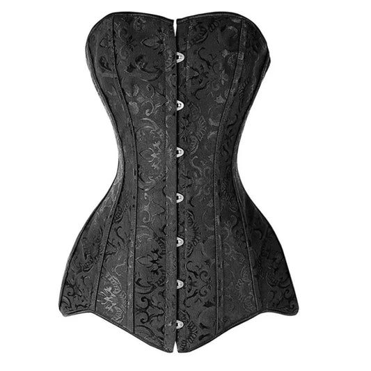 Steel Boned Long Torso Overbust Corset Top Gothic Vintage Floral Brocade Bustier