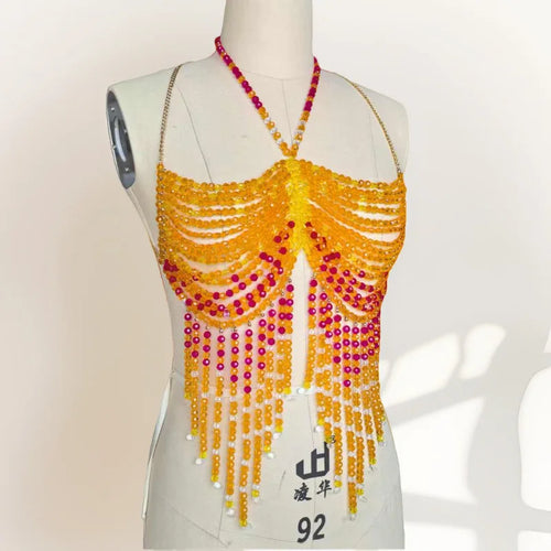 Handmade Multilayer Beaded Bra Chain & Vibrant Sunset Chest Harness