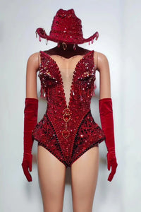 Western Cowboy Showgirl Bodysuit, Hat & Gloves 3-Piece Stage Costume Set